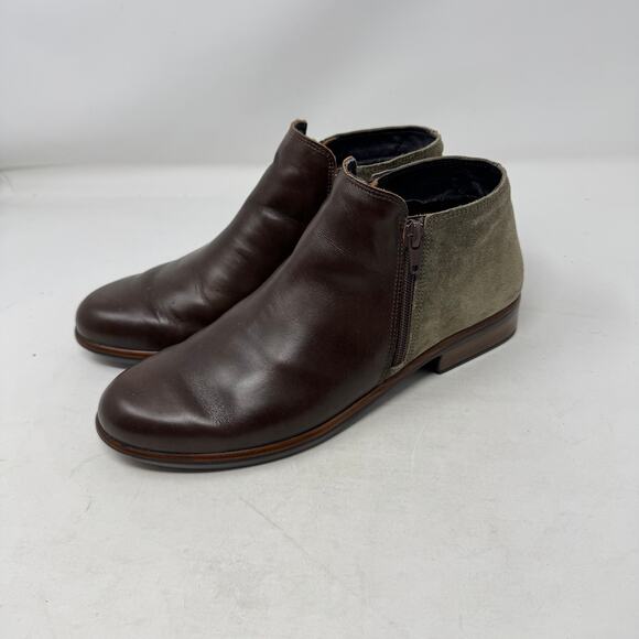 Naot Helm Two-Tone Leather Suede Side Zip Brown Green Ankle Boot Size 40 - Picture 2 of 14